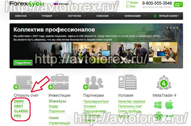 Главная страница сайта дилингового центра Forex4you.