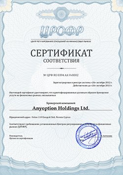 Сертификат соответсвия ЦРОФР, выданный брокеру бинарных опционов Anyoption.