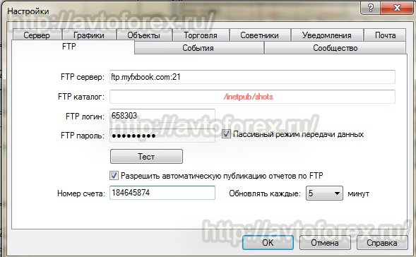 Натройка терминала для связи по FTP с сервисом Myfxbook.