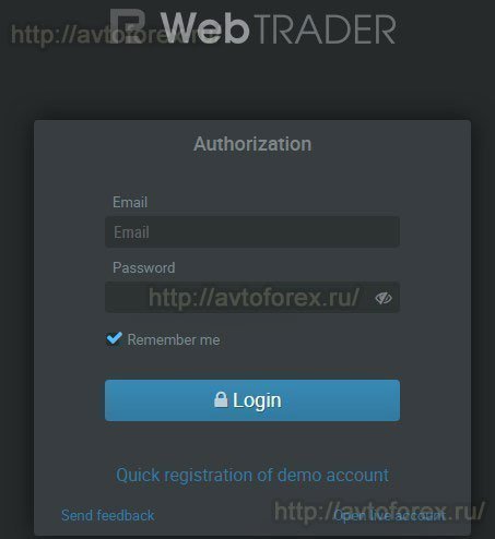 Окно авторизации в веб-платформе WebTrader брокера RoboForex.